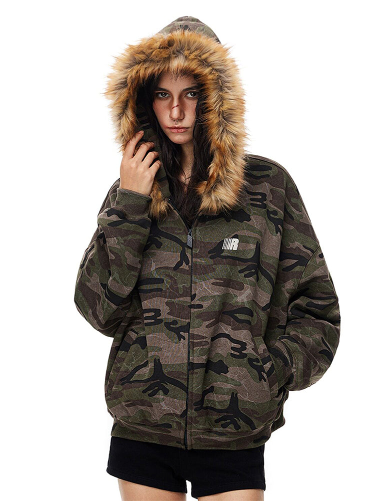Polarowa bluza z kapturem i zamkiem Camo
