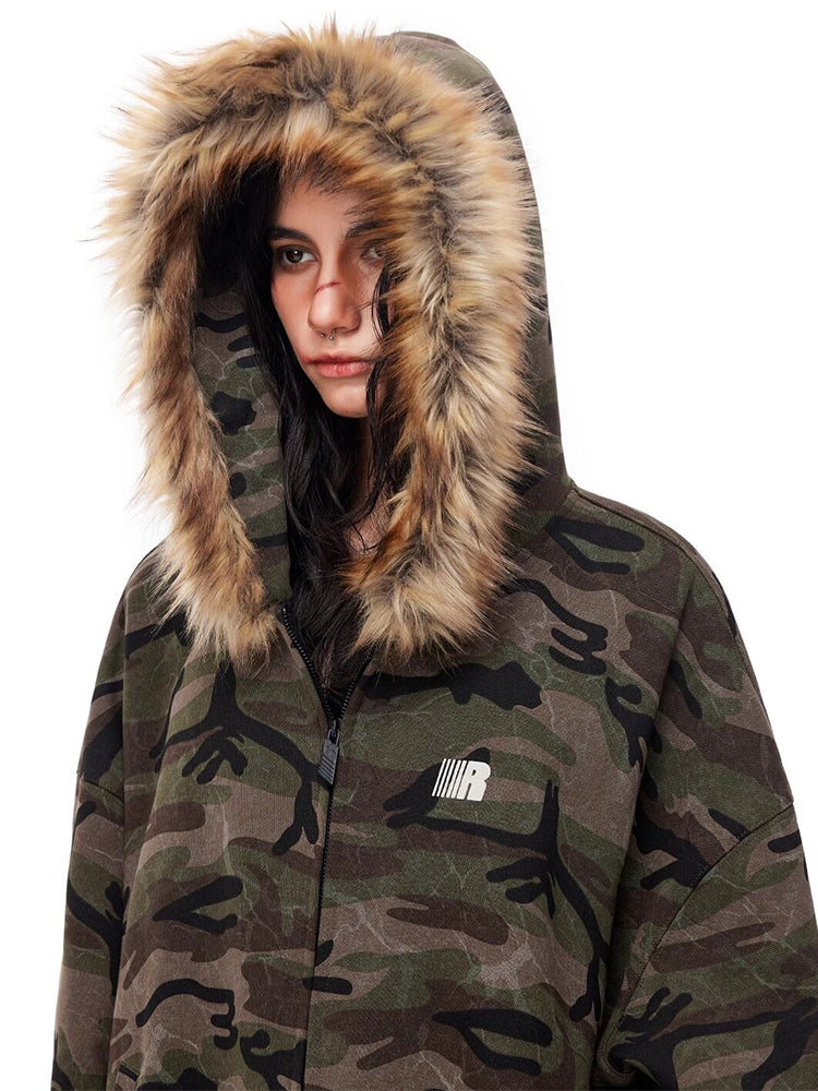 Camo-Fleece-Kapuzenjacke mit Reißverschluss