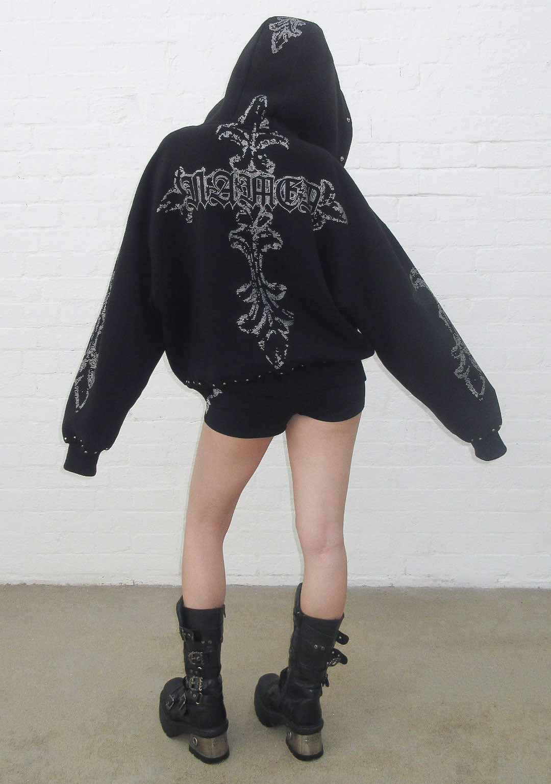 FERAL FAUX FUR STUDDED hoodie met rits ZWART (afneembare bontkraag)