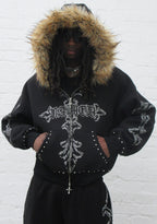 FERAL KUNSTFELL-HOODIE MIT NIETEN UND REISSVERSCHLUSS SCHWARZ (ABNEHMBARES FELL)