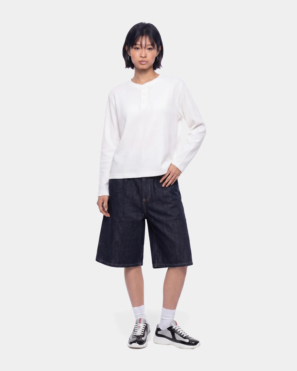 Waffel-Henley-Langarmshirt in Weiß