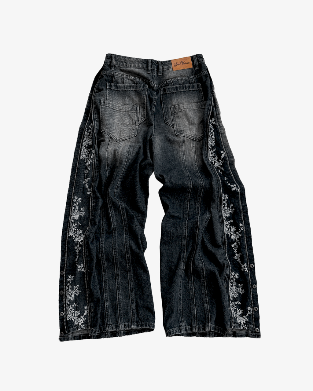 JEANS ZIPPÉS À MOTIF FLORAL NOIR DÉLAVÉ