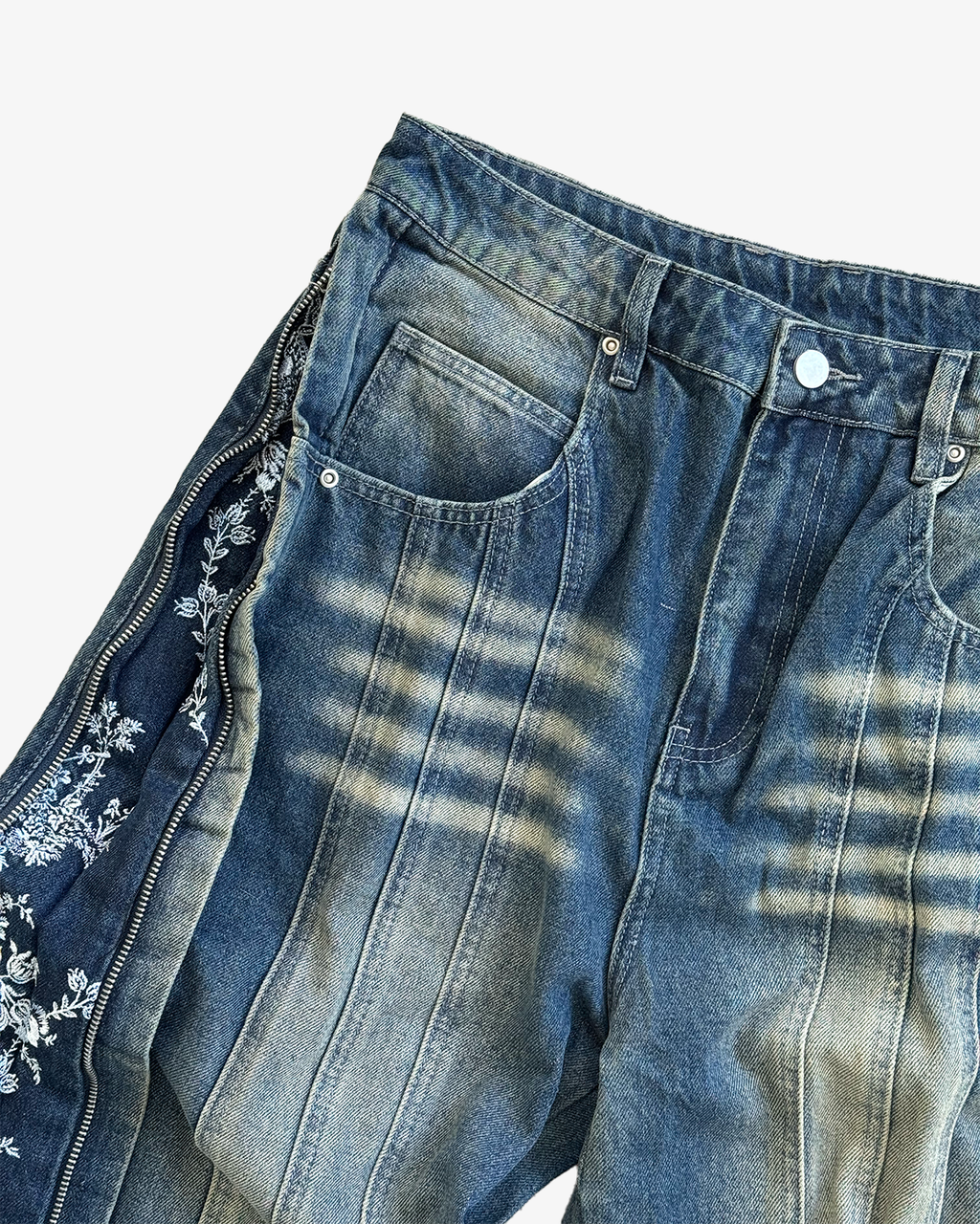 JEANS CON CERNIERA FLOREALE BLU SBIADITO