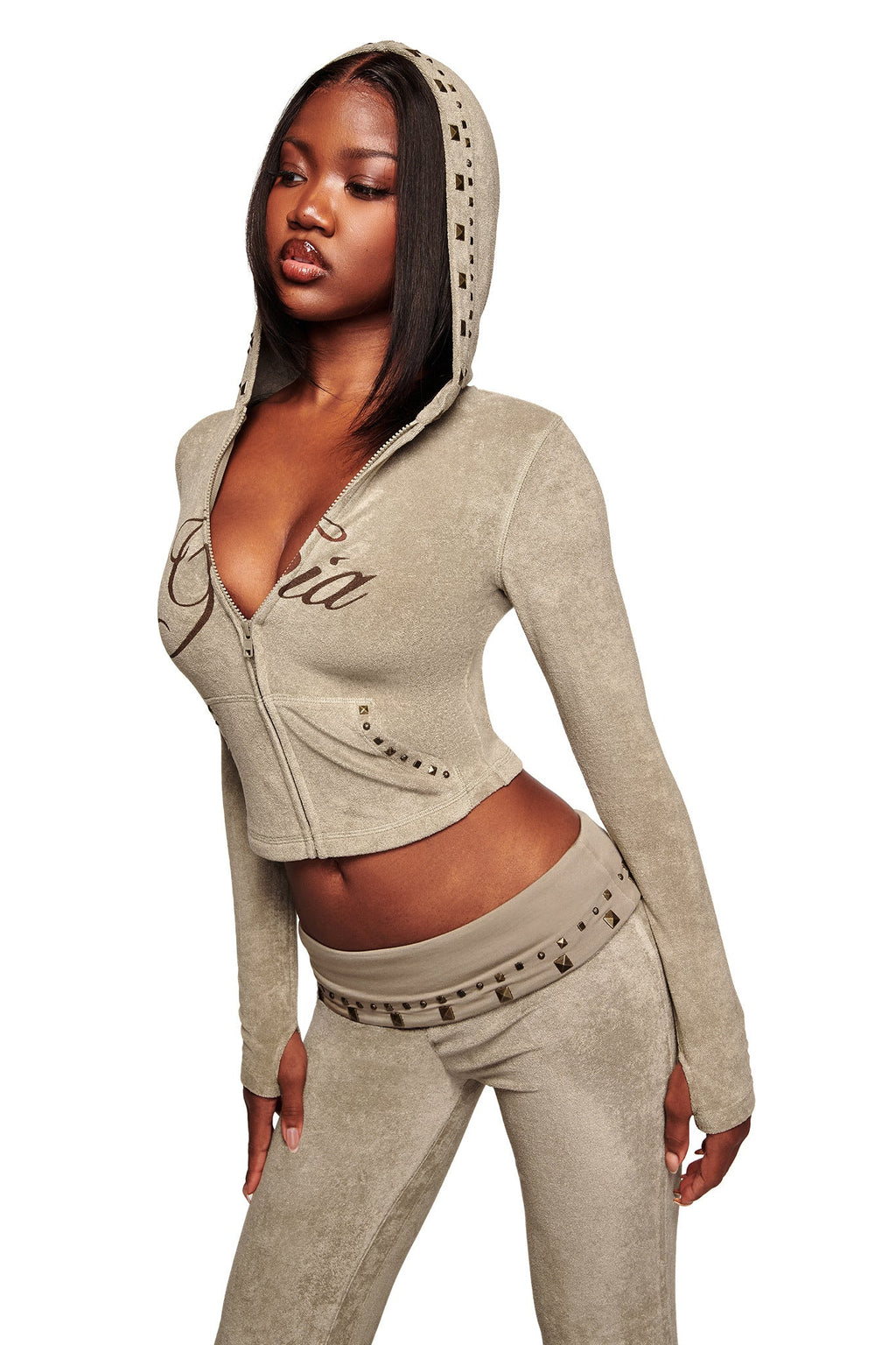 BLARE badstofhoodie met studs - STONE