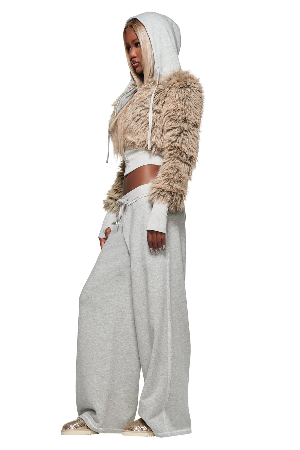 KOKO hoodie van fleece met imitatiebont - gemêleerd grijs