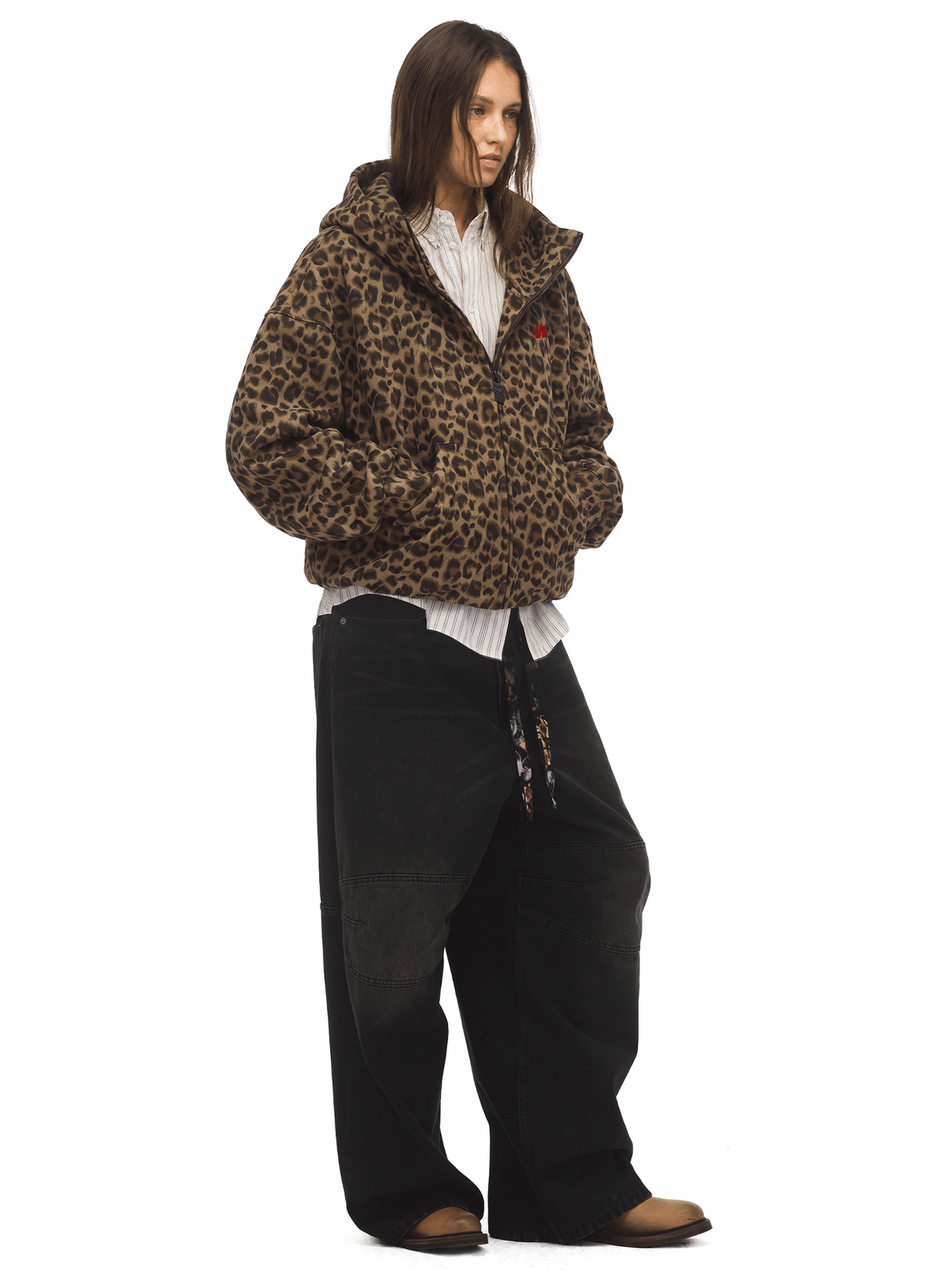 Fleecehoodie met hoge kraag en luipaardprint