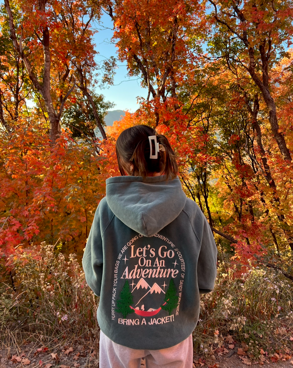 Sweat à capuche oversize « Let's Go On An Adventure » en vert sapin
