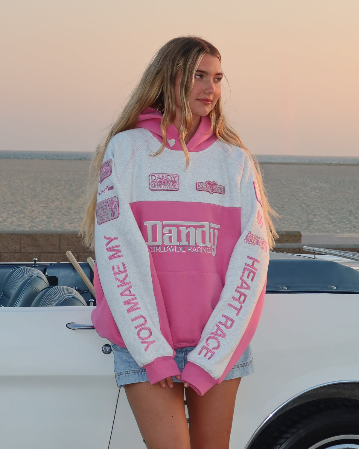 Felpa con cappuccio oversize di lusso "Cuore da corsa" in rosa