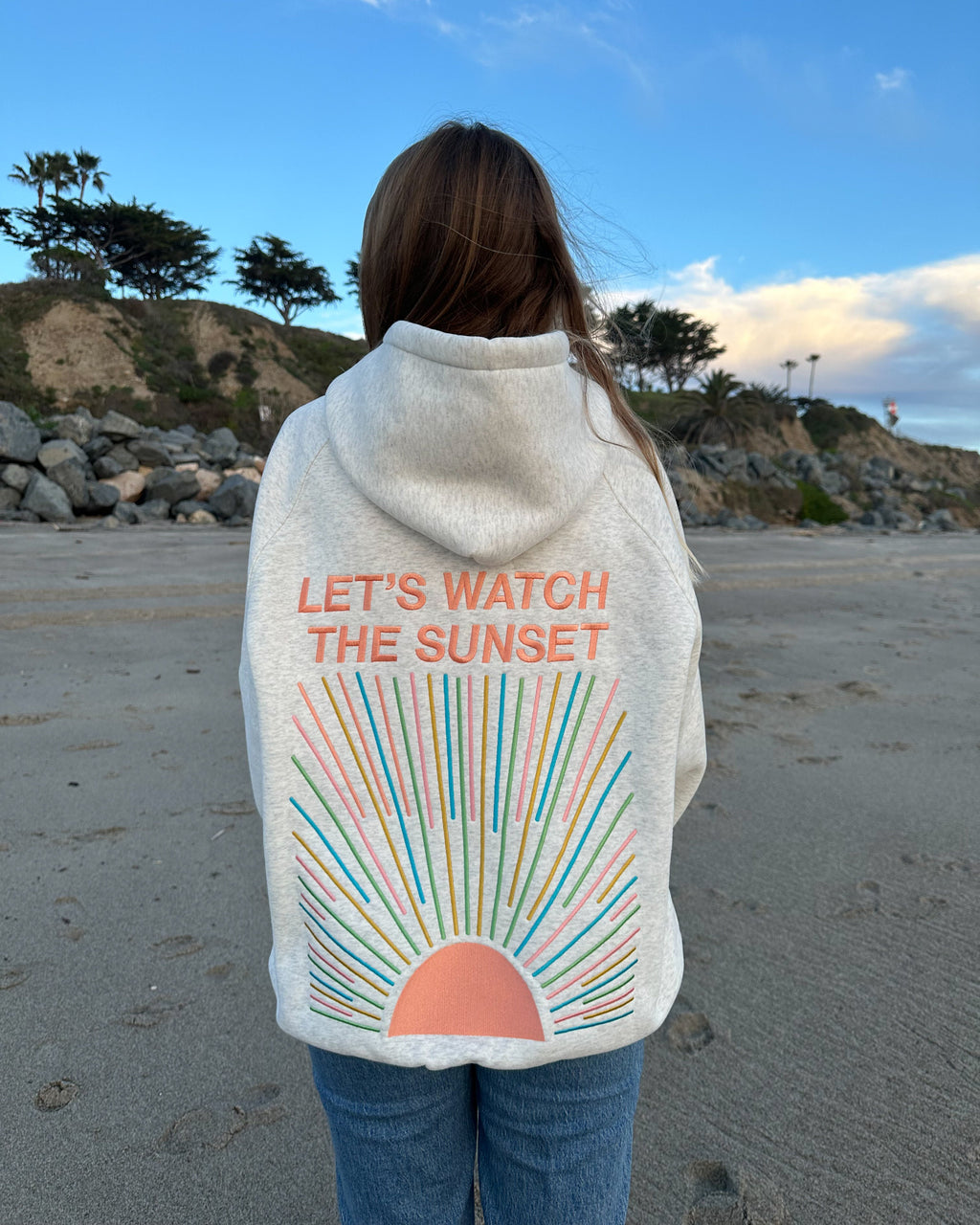 "Let's Watch the Sunset" oversized lyxhuvtröja i melerad grå