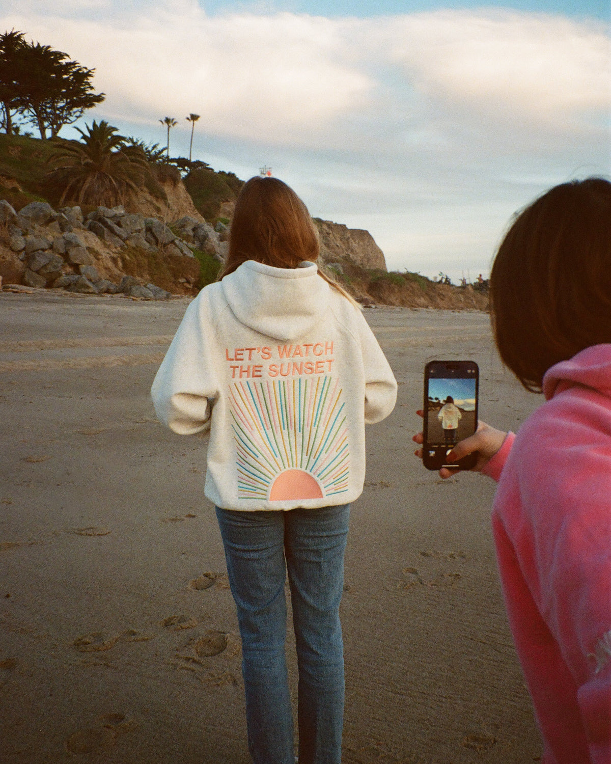 "Let's Watch the Sunset" oversized lyxhuvtröja i melerad grå