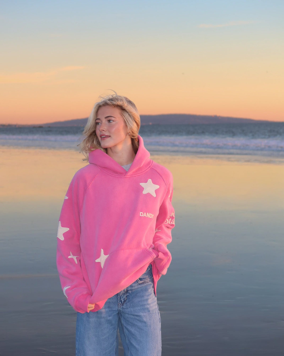 Felpa con cappuccio oversize di lusso "Stelle fortunate" in rosa effetto vintage slavato