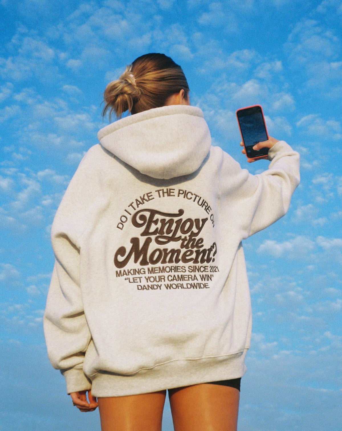"Enjoy the Moment" oversize’owa bluza z kapturem Lux w kolorze melanżowej szarości