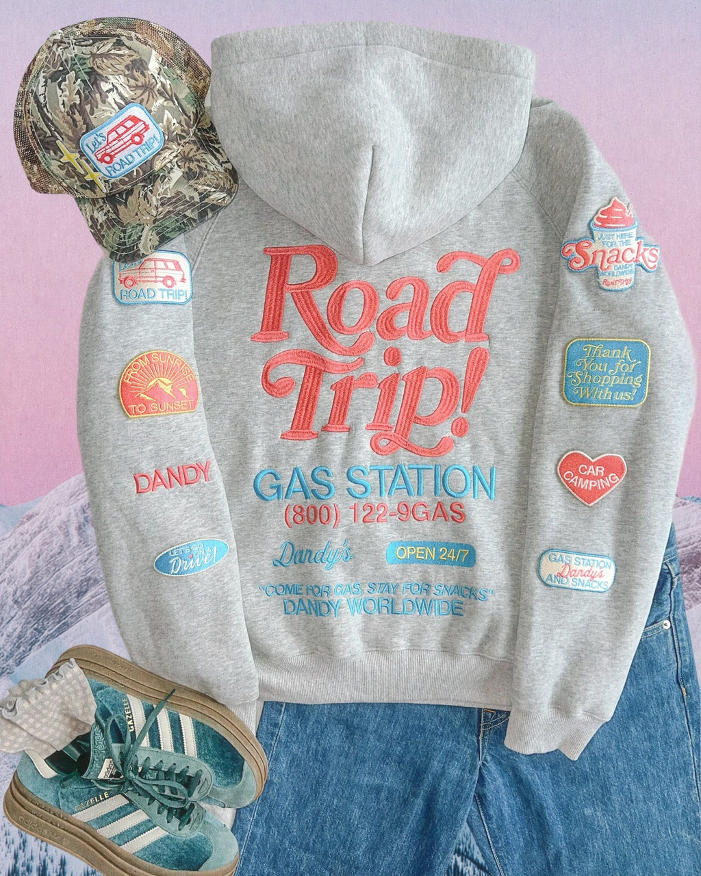 Sweat à capuche oversize « Road Trip ! » en gris chiné foncé