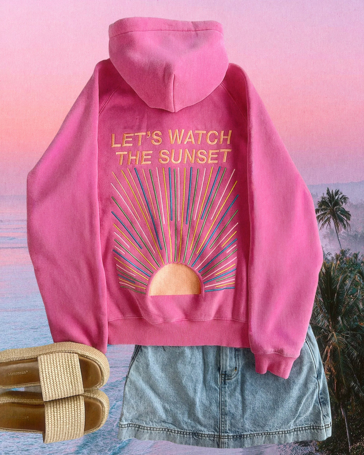 "Guardiamo il tramonto" felpa con cappuccio Lux oversize rosa effetto vintage slavato