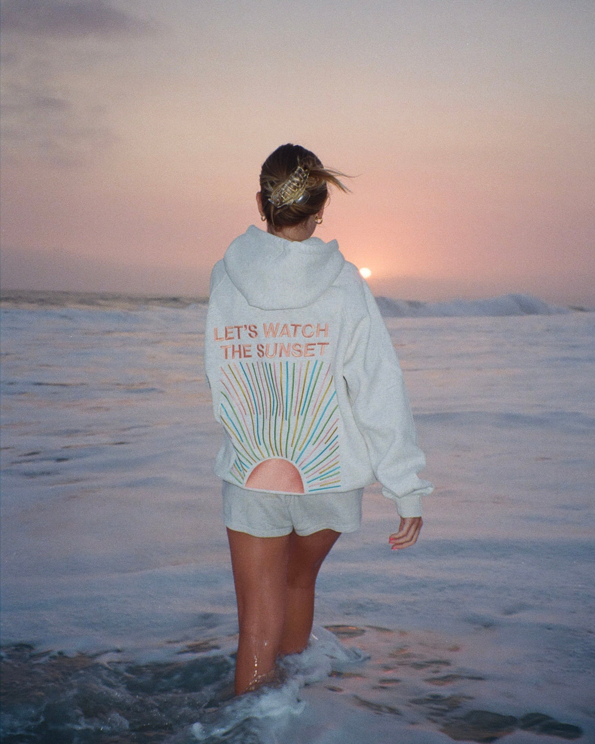 Oversize’owa luksusowa bluza z kapturem „Let's Watch the Sunset” w kolorze melanżowej szarości
