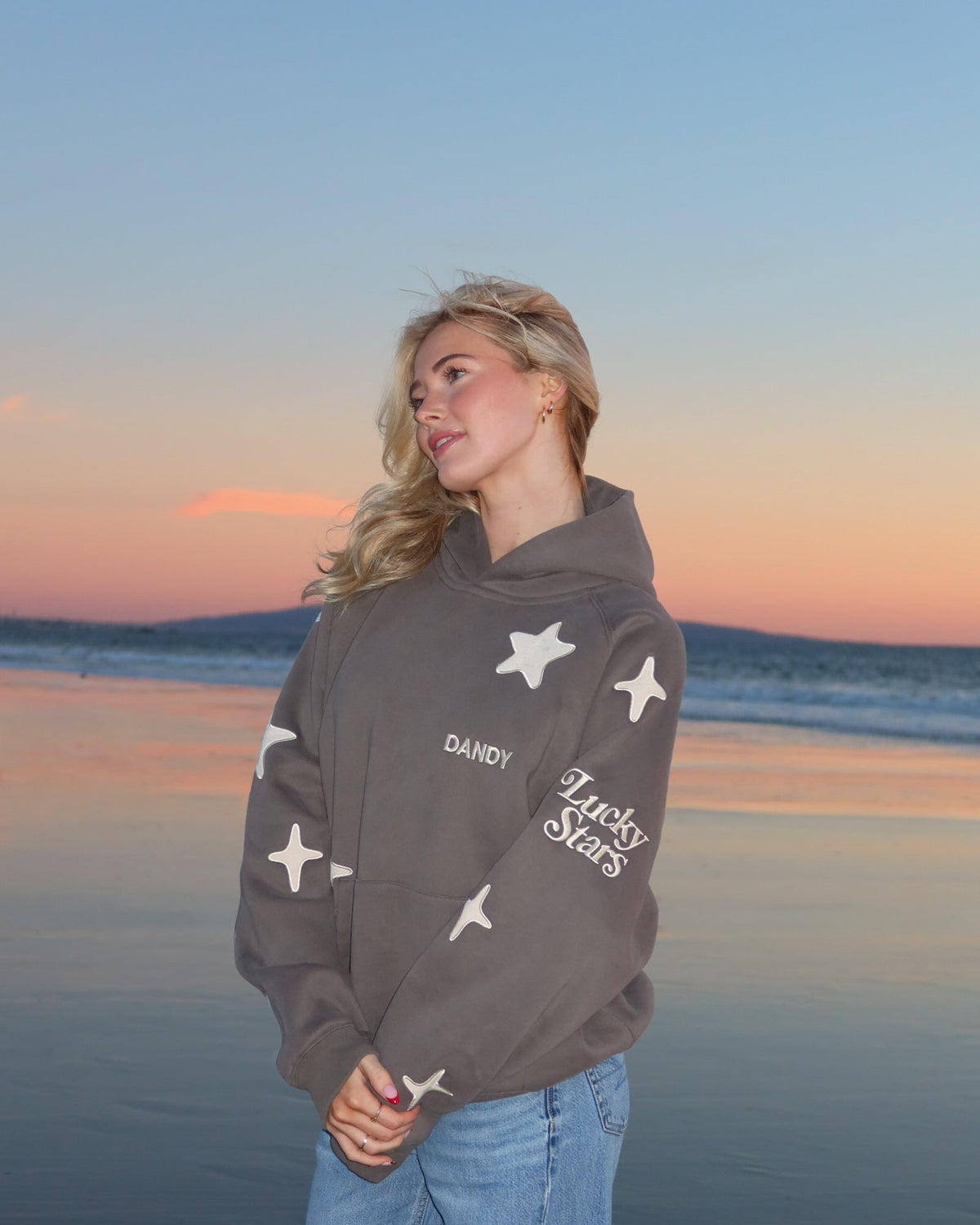 "Lucky Stars" felpa con cappuccio Lux oversize in grigio scuro