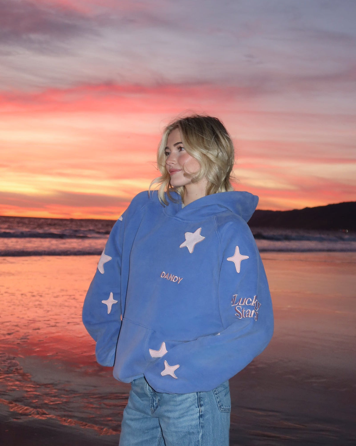 "Lucky Stars" felpa con cappuccio Lux oversize in blu vintage slavato