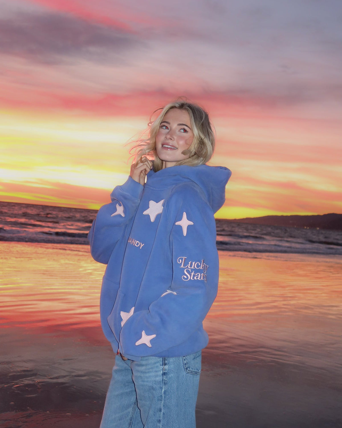 "Lucky Stars" felpa con cappuccio Lux oversize in blu vintage slavato