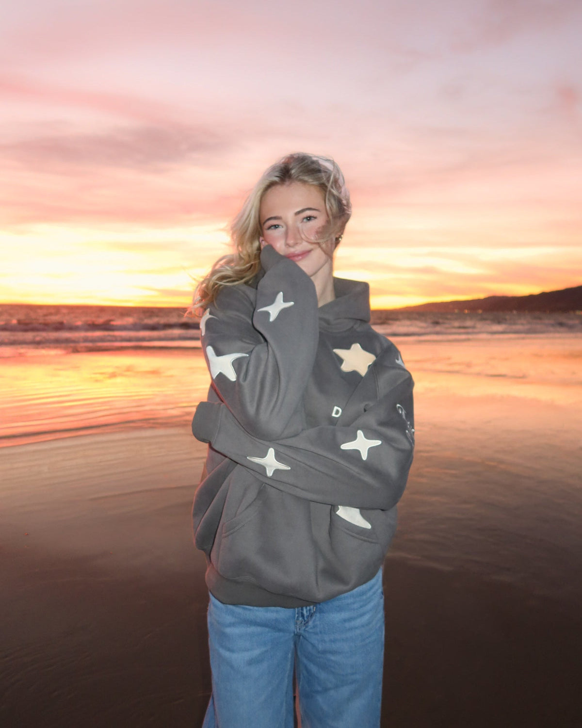"Lucky Stars" felpa con cappuccio Lux oversize in grigio scuro