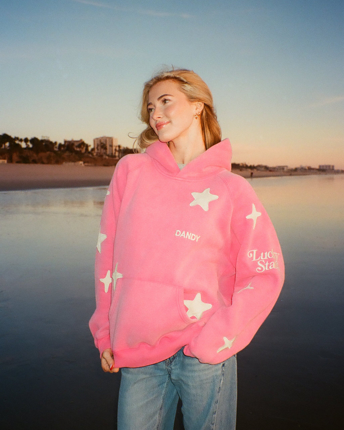 Felpa con cappuccio oversize di lusso "Stelle fortunate" in rosa effetto vintage slavato