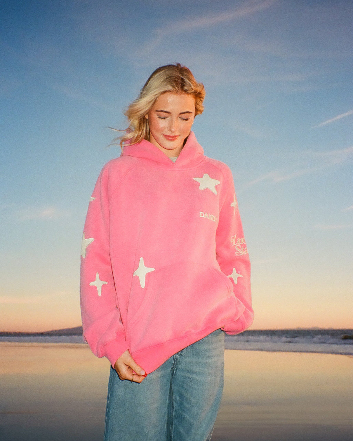 Felpa con cappuccio oversize di lusso "Stelle fortunate" in rosa effetto vintage slavato