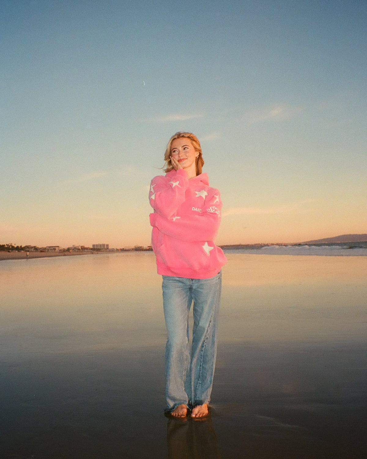 Felpa con cappuccio oversize di lusso "Stelle fortunate" in rosa effetto vintage slavato