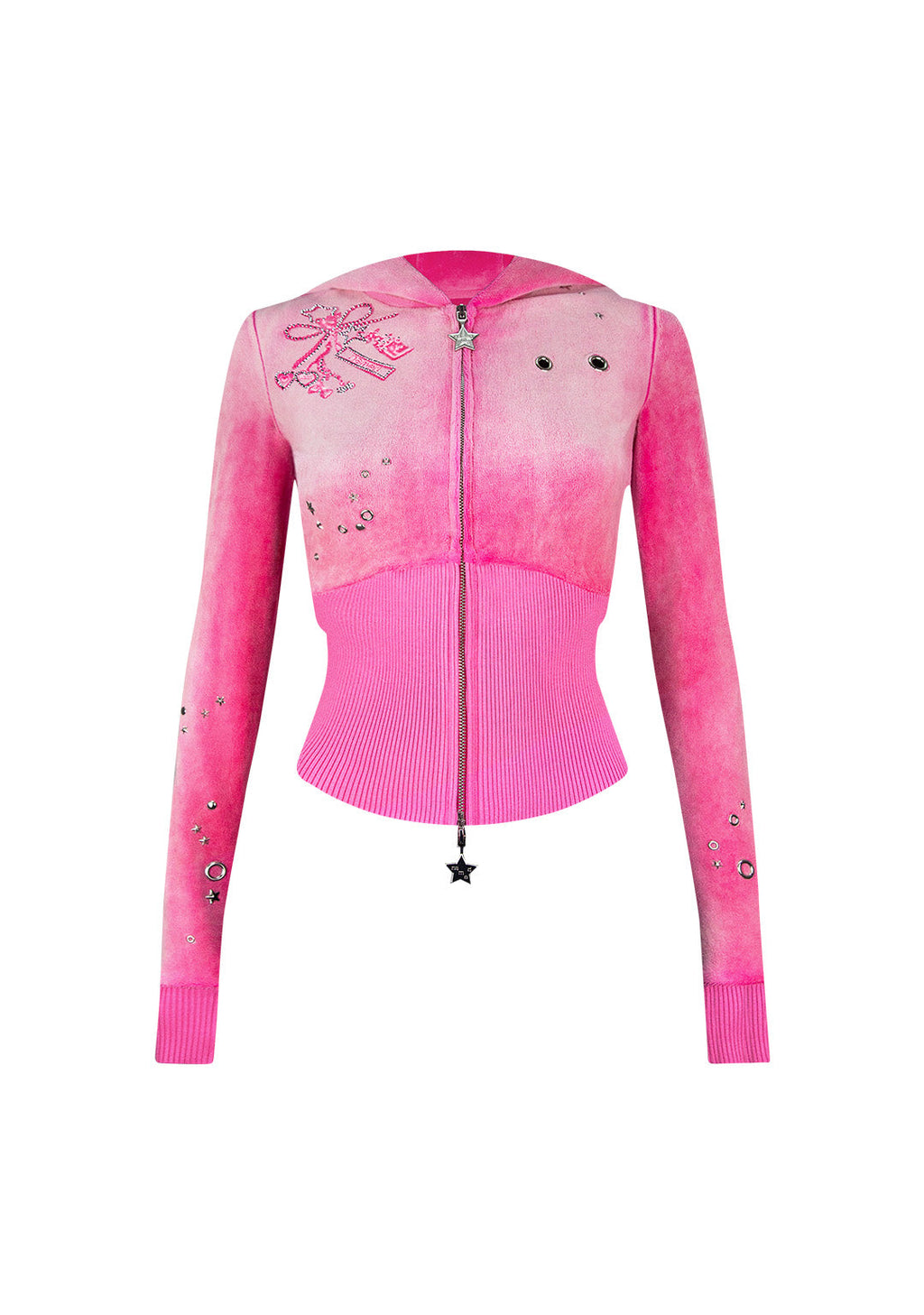 GLITCH EYELET VELOUR ZIP-HOODIE WASHED HOT PINK
