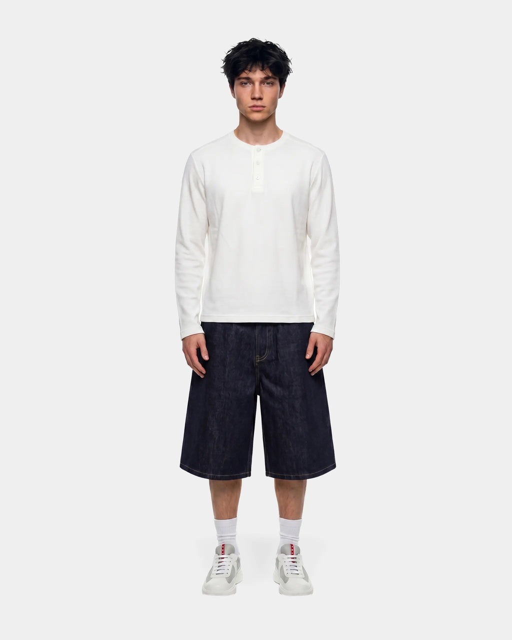 Waffel-Henley-Langarmshirt in Weiß