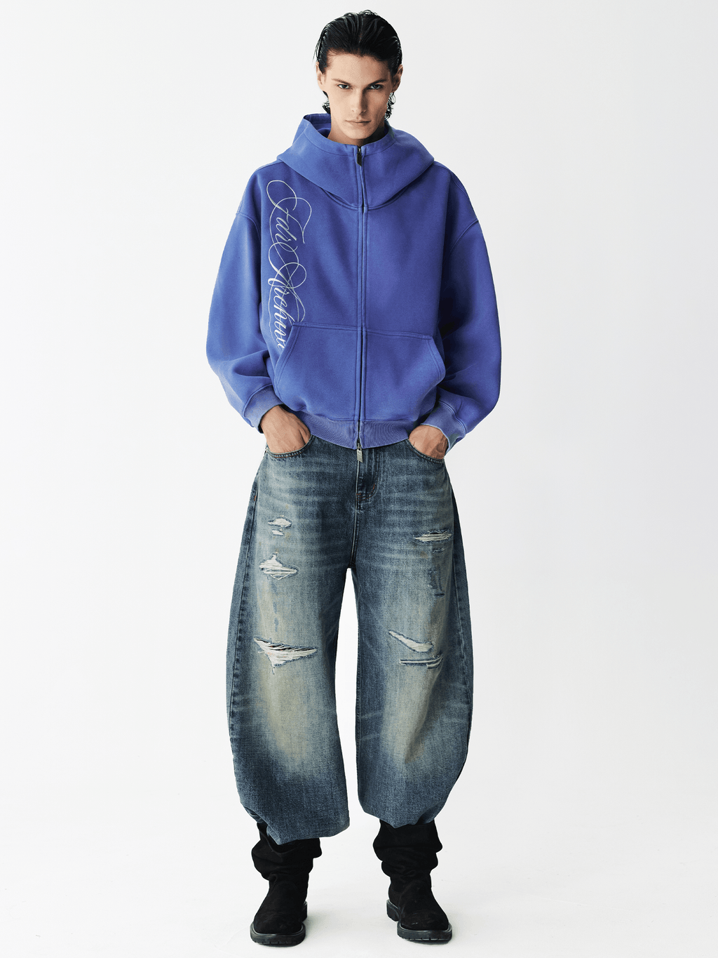 Hoodie met gewassen borduursel en rits