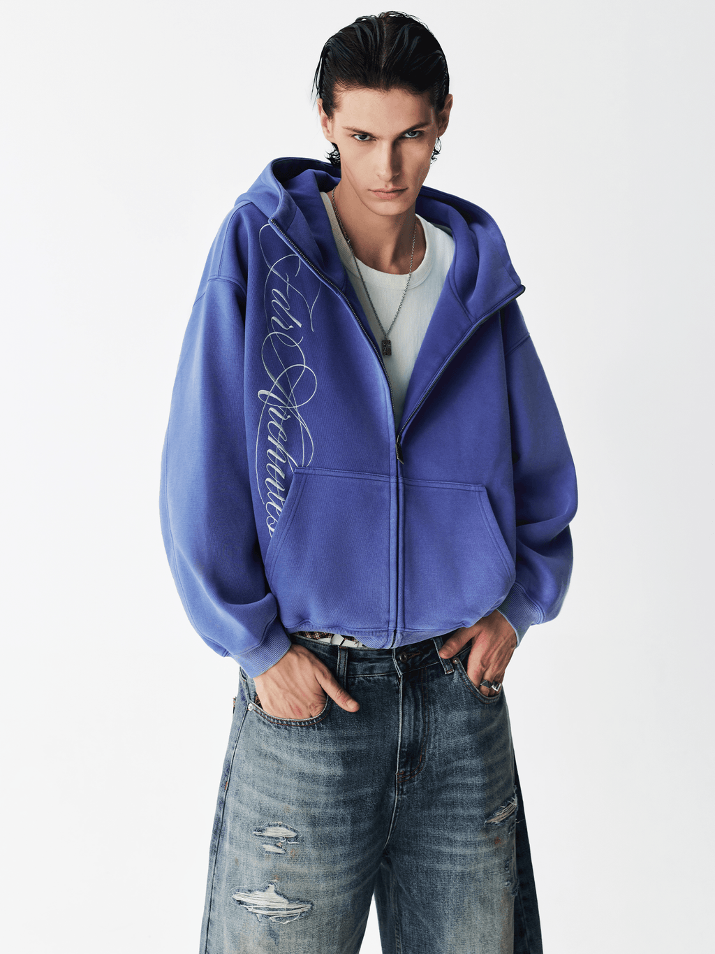 Hoodie met gewassen borduursel en rits
