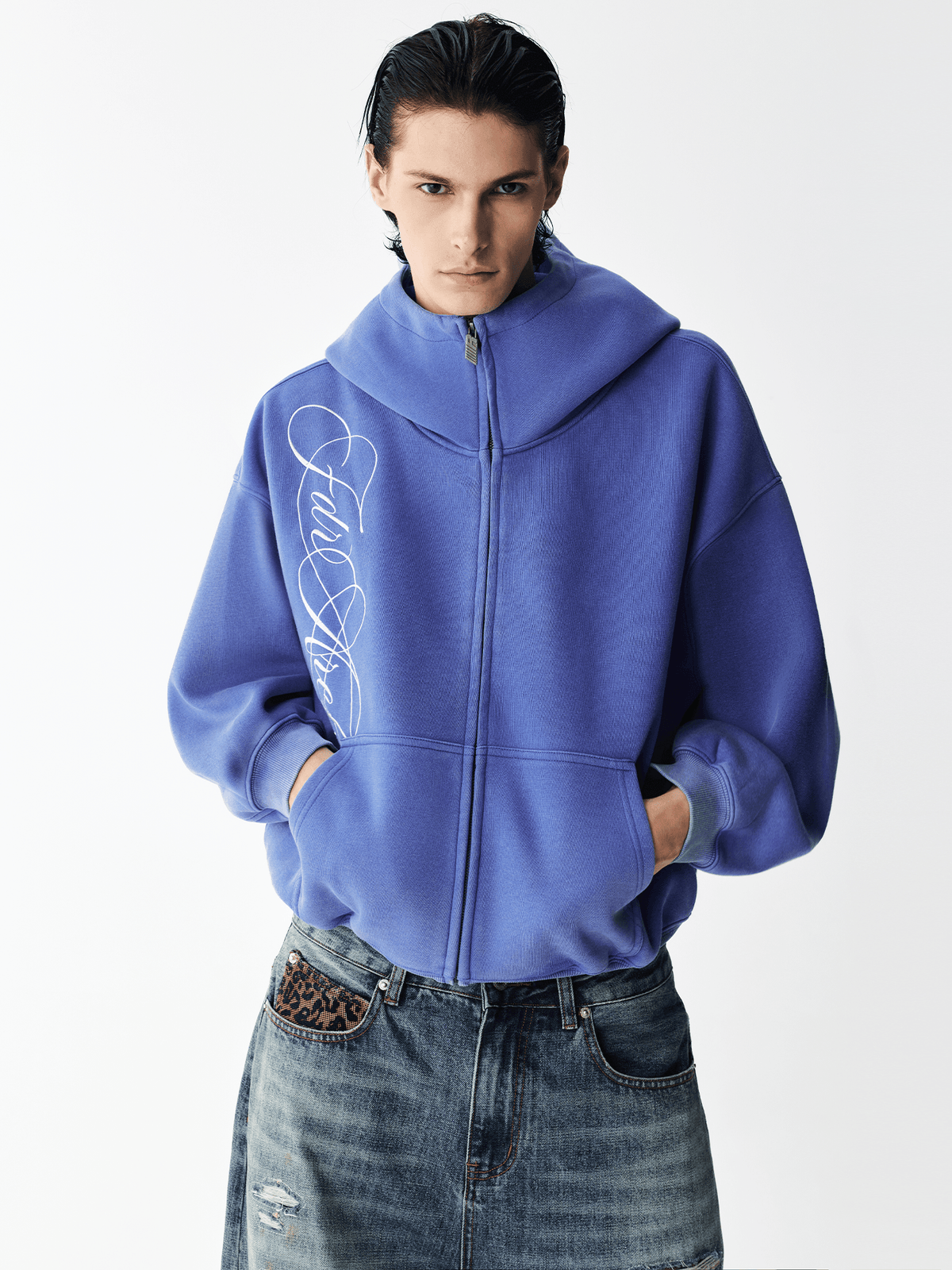 Hoodie met gewassen borduursel en rits