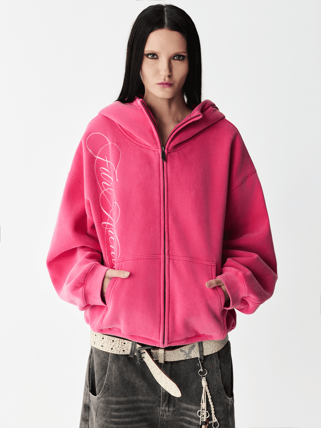 Hoodie met gewassen borduursel en rits