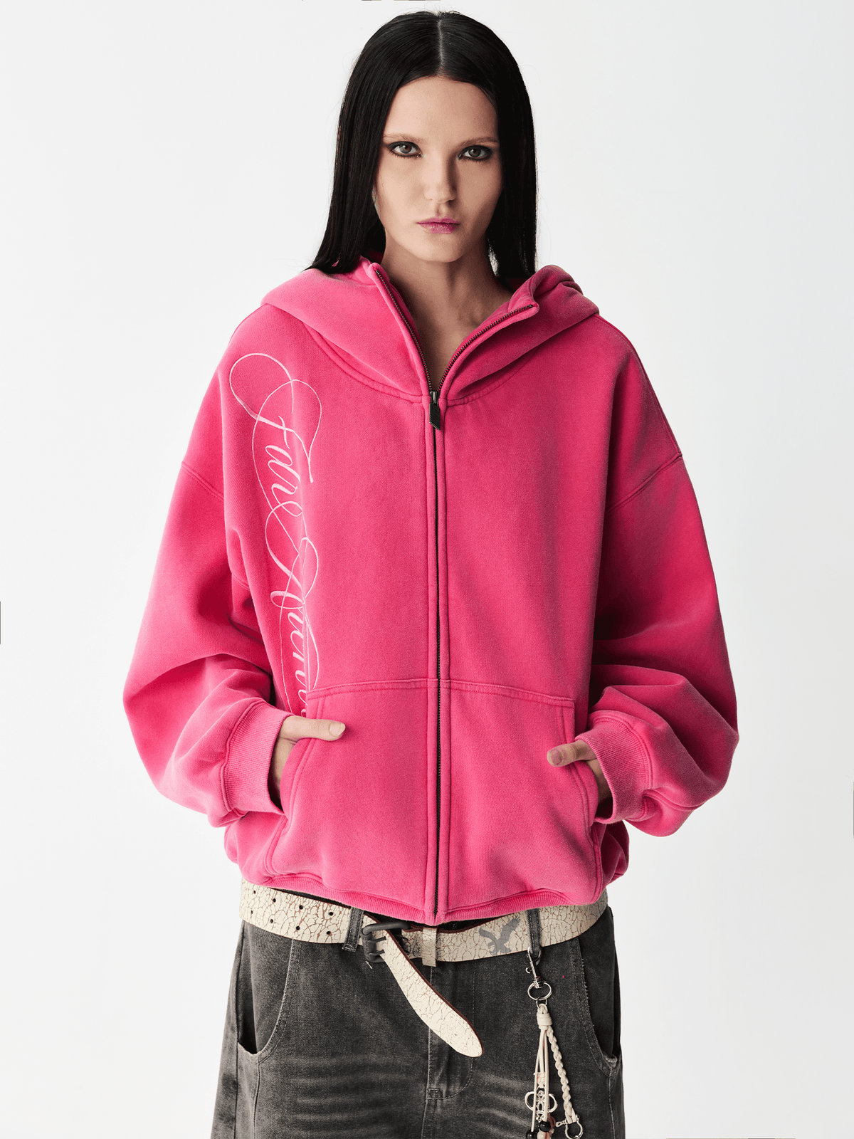 Hoodie met gewassen borduursel en rits