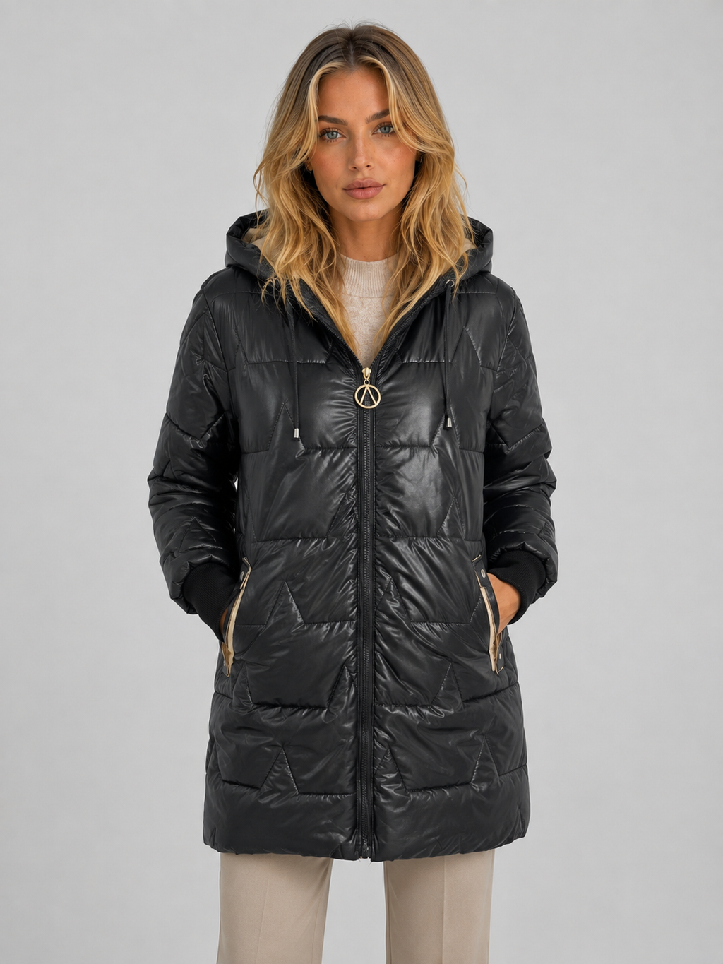 Manteau long matelassé à capuche pour femme
