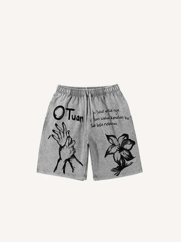 Shorts mit Used-Look, Palmen- und Grafik-Print sowie Kordelzug in der Taille