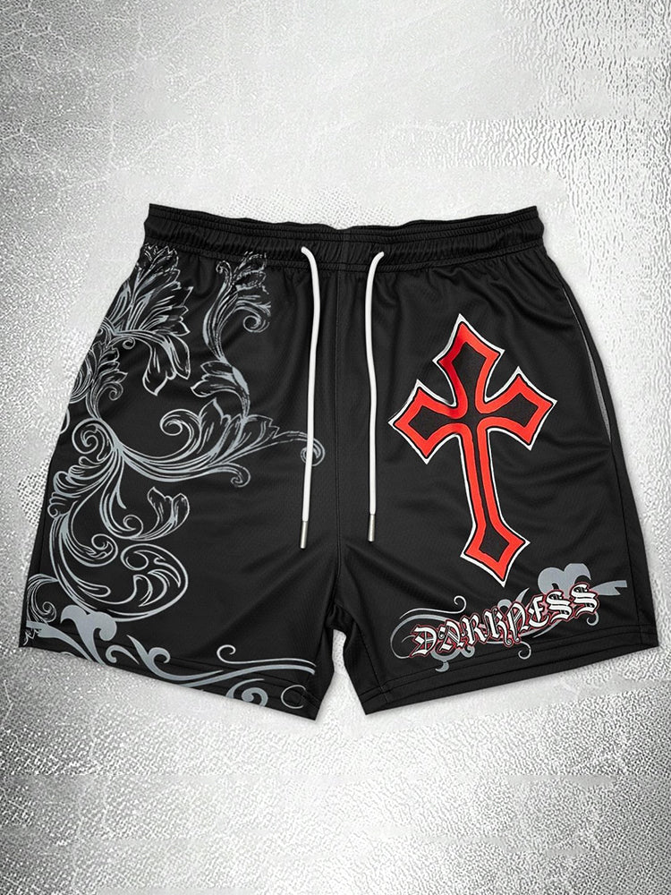 Vintage Cross Graphic Casual Street Mesh Shorts