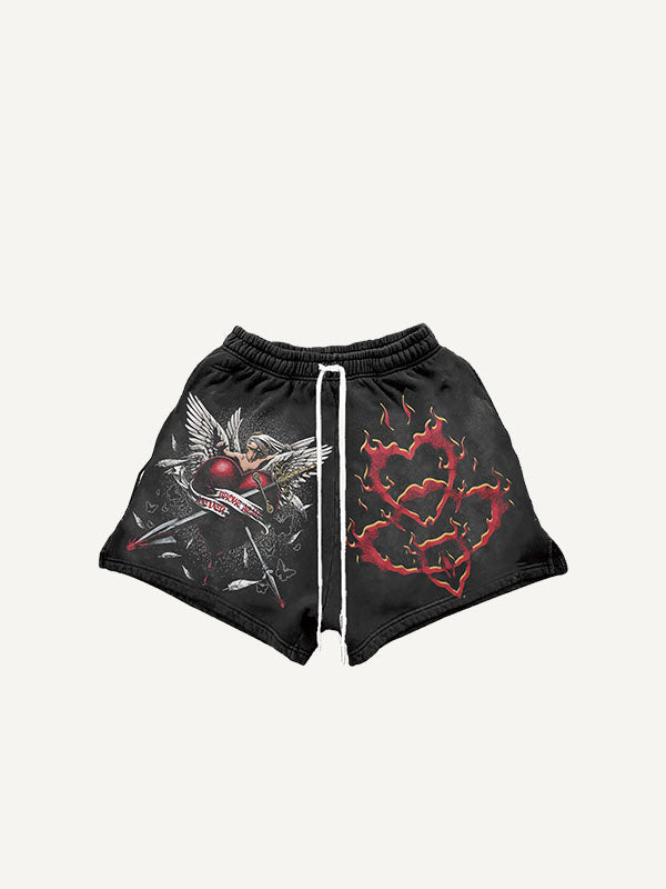 Shorts mit Kordelzug und Figure&Wing&Heart&Sword&Letter-Druck – Lagerverkauf