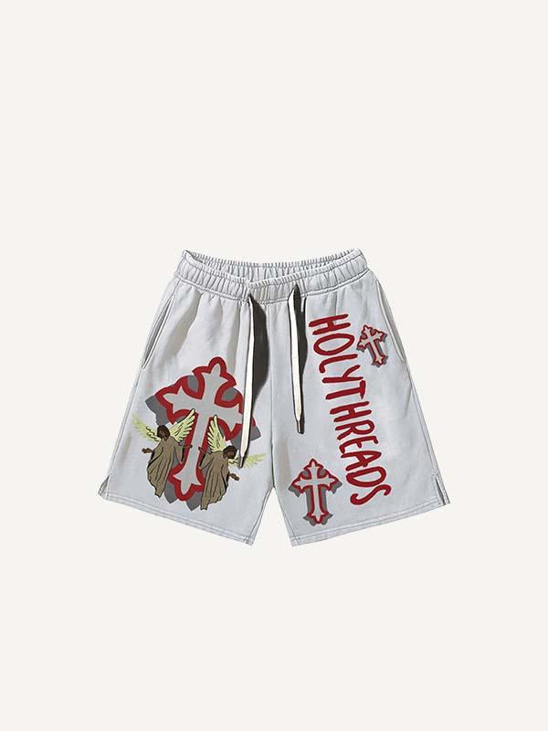 Cross&Angel&Letter Print Drawstring Waist Shorts
