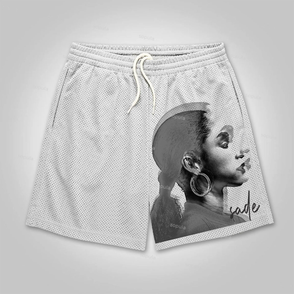 Szorty z siateczki z nadrukiem Sade Adu w stylu vintage