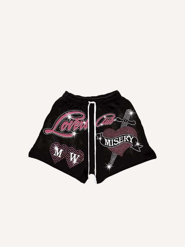 Shorts mit Kordelzug und „Heart&Sword&Letter“-Print aus Strasssteinen