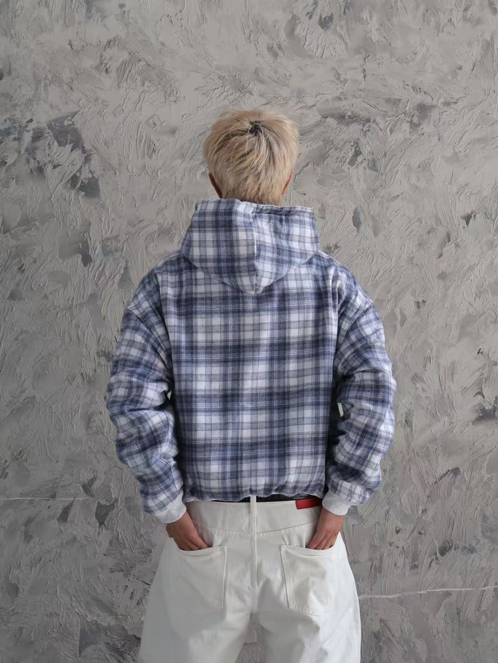 Felpa con cappuccio e zip reversibile a quadri V2（Grigio chiaro/Blu）