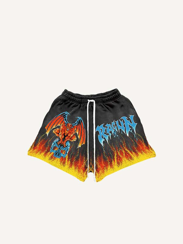 Shorts à taille élastique avec imprimé démon, crâne et lettres