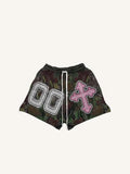 Shorts mit Kordelzug und künstlichem Aufdruck: Zweige, Buchstaben & Kreuz