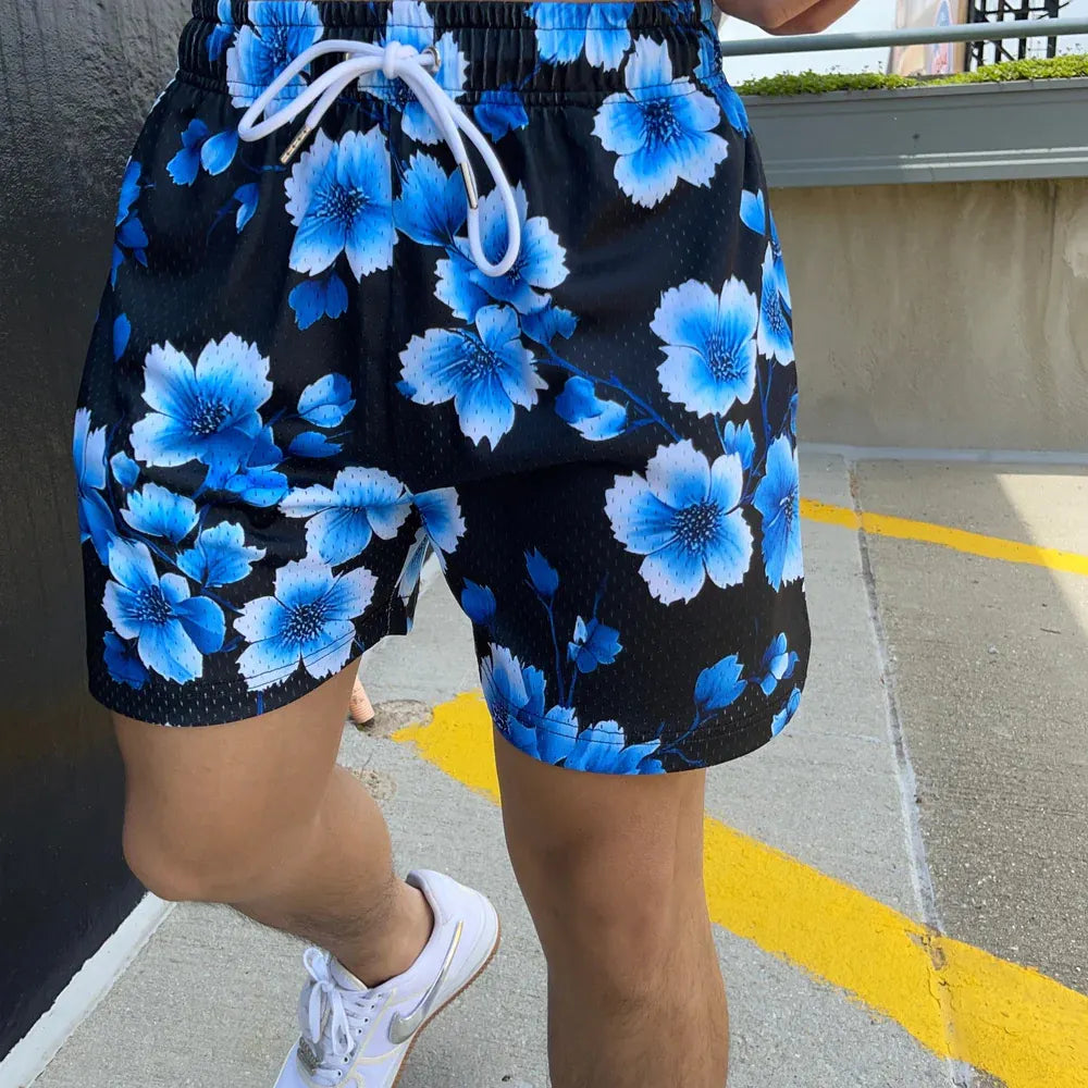 Mesh-Shorts mit Blumen- und Pflanzen-Print im Tintenverlauf-Design