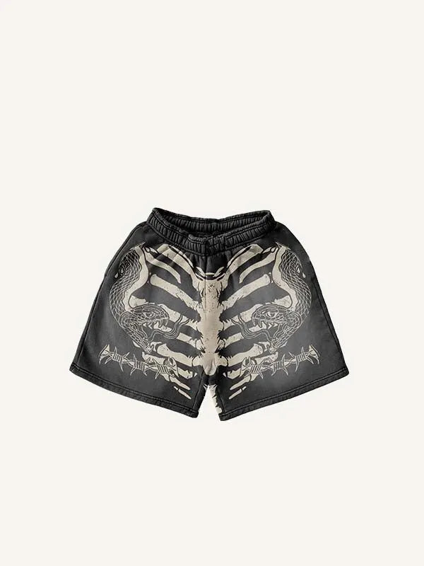 Skeleton&Heart&Snake Print Drawstring Waist Shorts