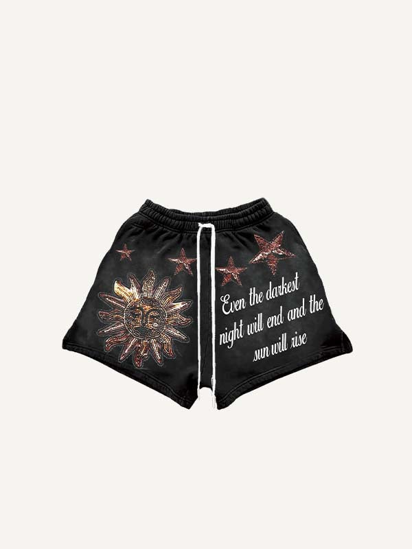 Shorts à taille élastique à cordon avec imprimé soleil, étoile et lettres