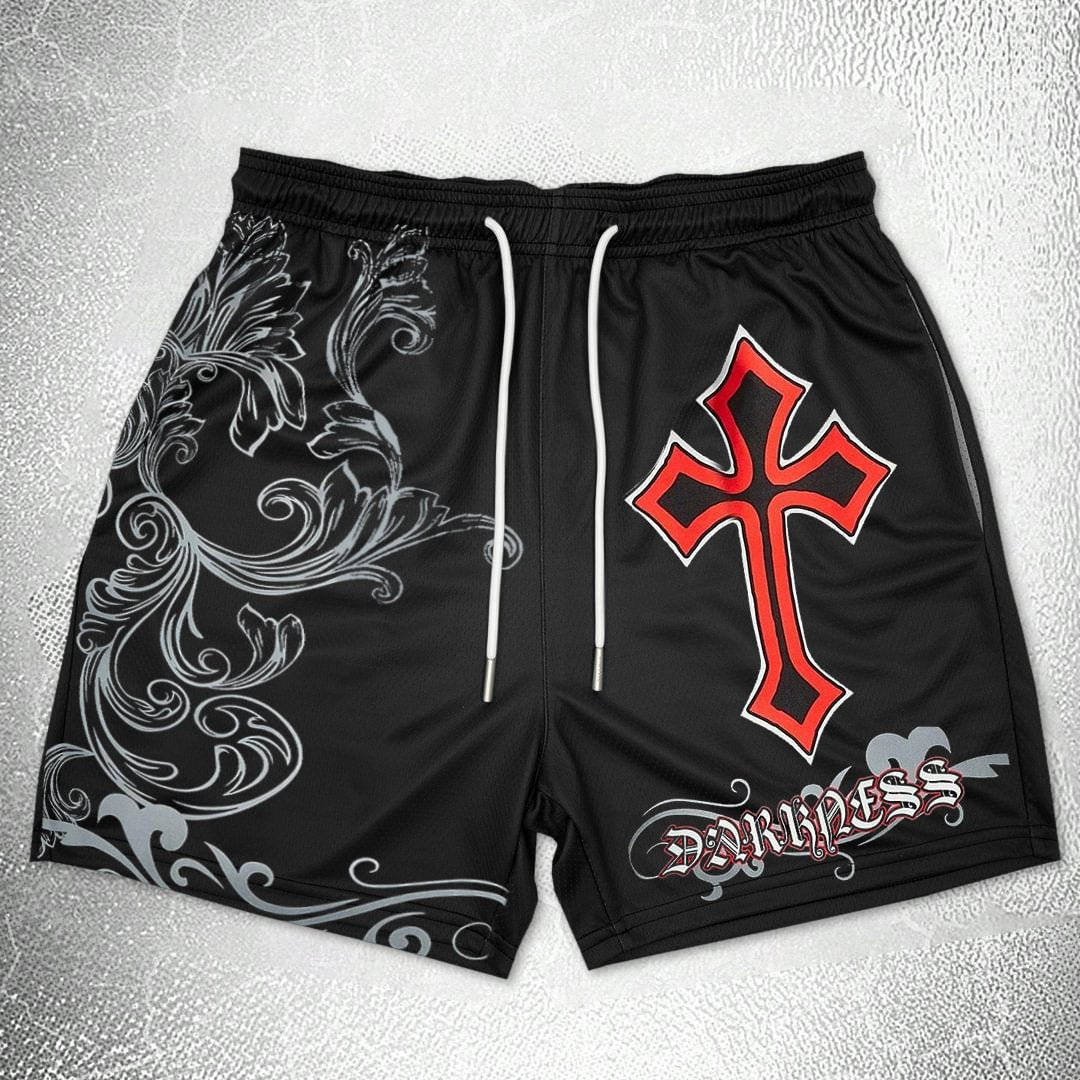 Vintage Cross Graphic Casual Street Mesh Shorts