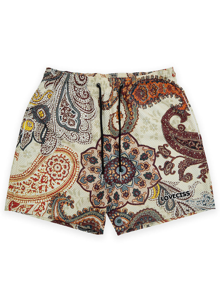 Męskie szorty z siateczki z grafiką w stylu vintage i paisley