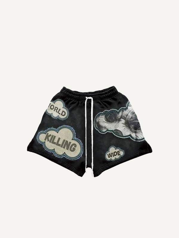Figure&Graphic&Letter Faux Decal Print Drawstring Waist Shorts