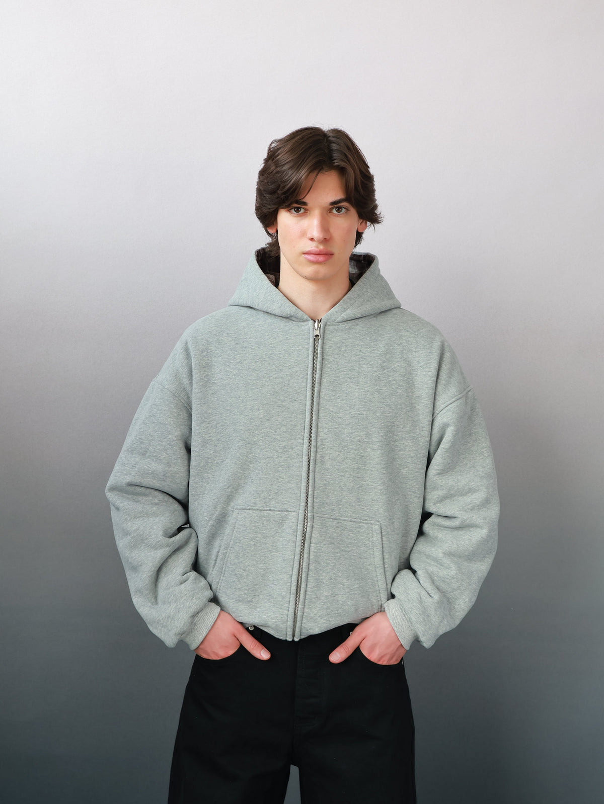 Reversible Plaid Zip-Hoodie V2（Dark Grey/ Mocha）